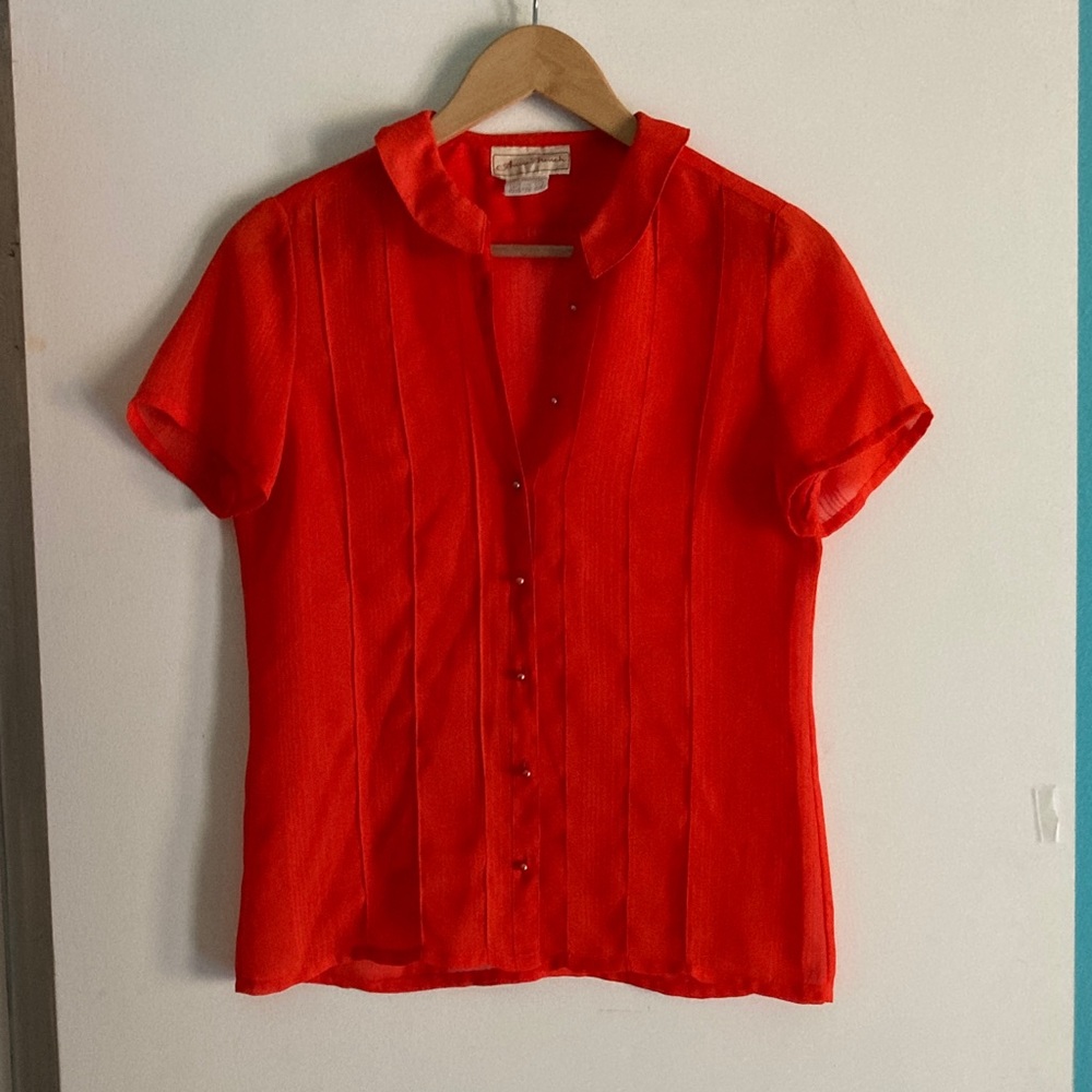 Anne French VINTAGE Womens Small Coral Orange Sheer Button Up Blouse